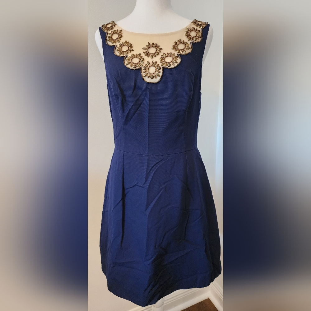 Lilly Pulitzer Navy Dress with Gold Beaded Neckline. Size 6. VGUC - Picture 1 of 6